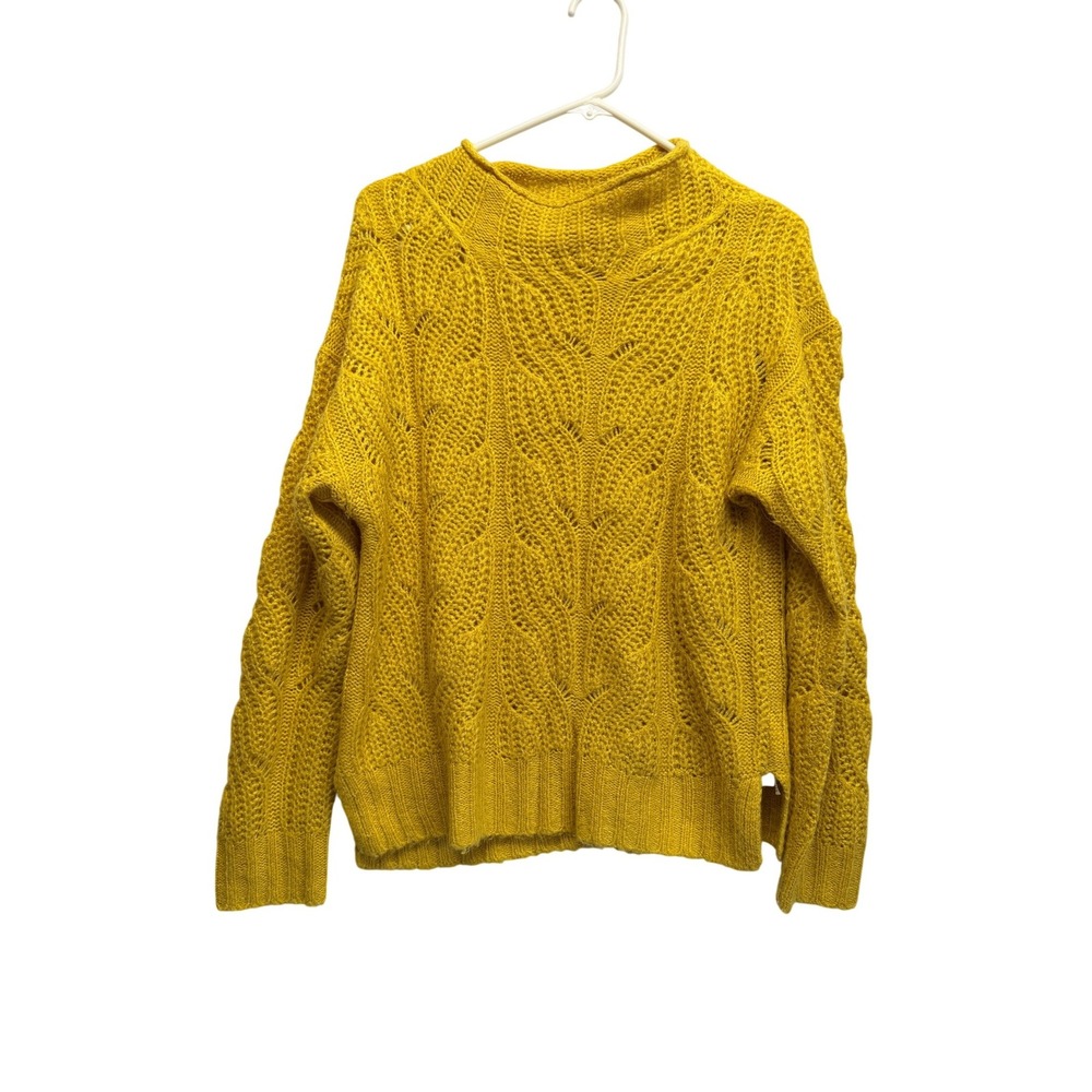 J Crew Pointelle Roll Mock Neck Cable Knit Alpaca‎ Blend Sweater S Mustard
